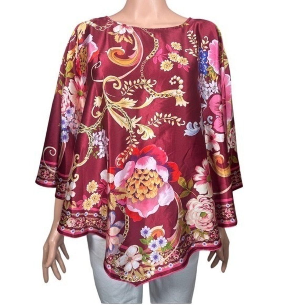 Johnny Was Koko Lounge Poncho Rolanda Silk Floral Burgundy Top C13825-9 S/M NEW